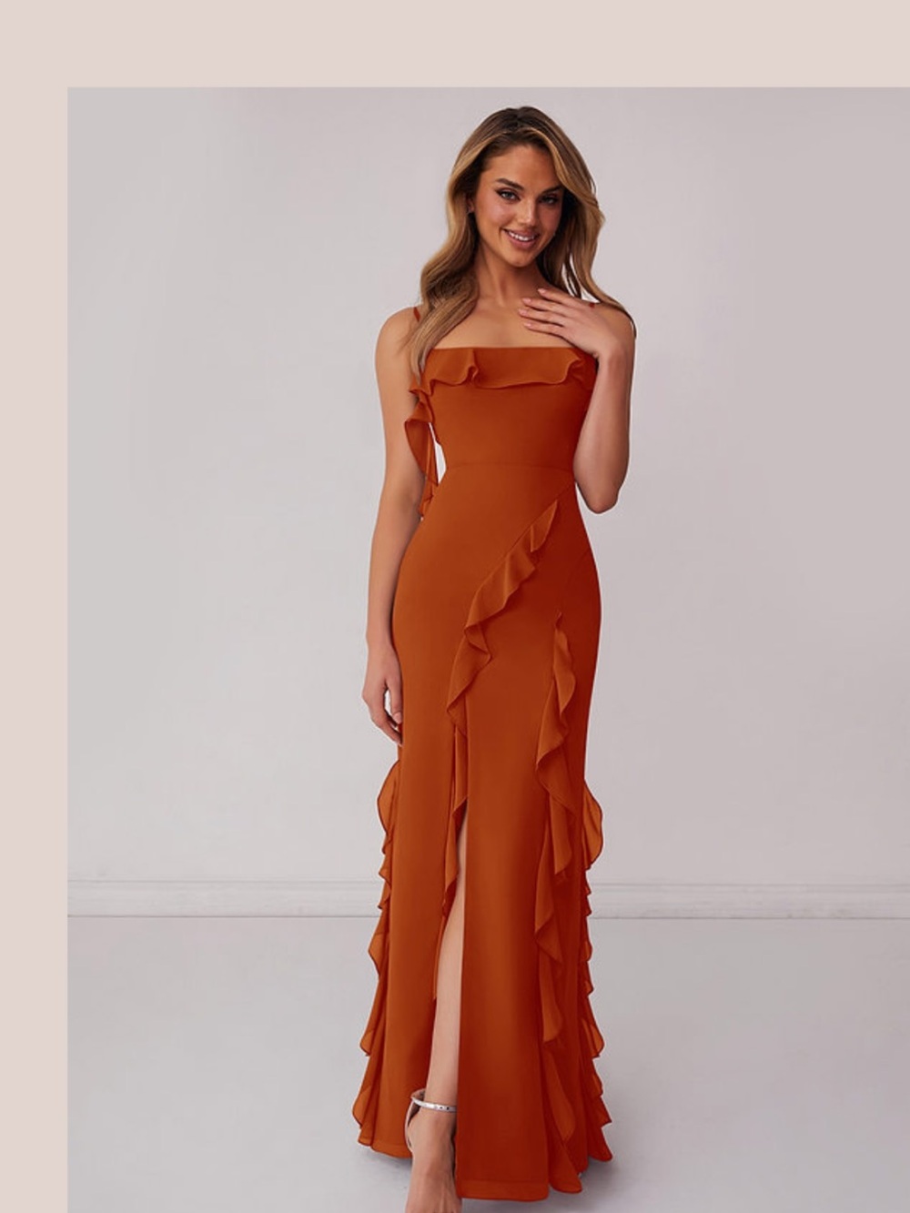 Elegant Ruffle Strapless Maxi Dress in Burnt Orange